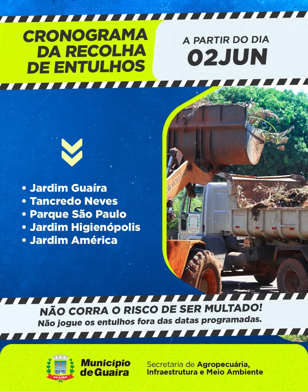 Município de Guaíra divulga cronograma de coleta de entulho para 2 a 5 de junho
