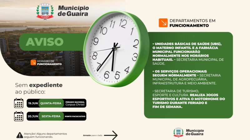 Município de Guaíra informa sobre o funcionamento das repartições públicas durante o feriado de Corpus Christi
