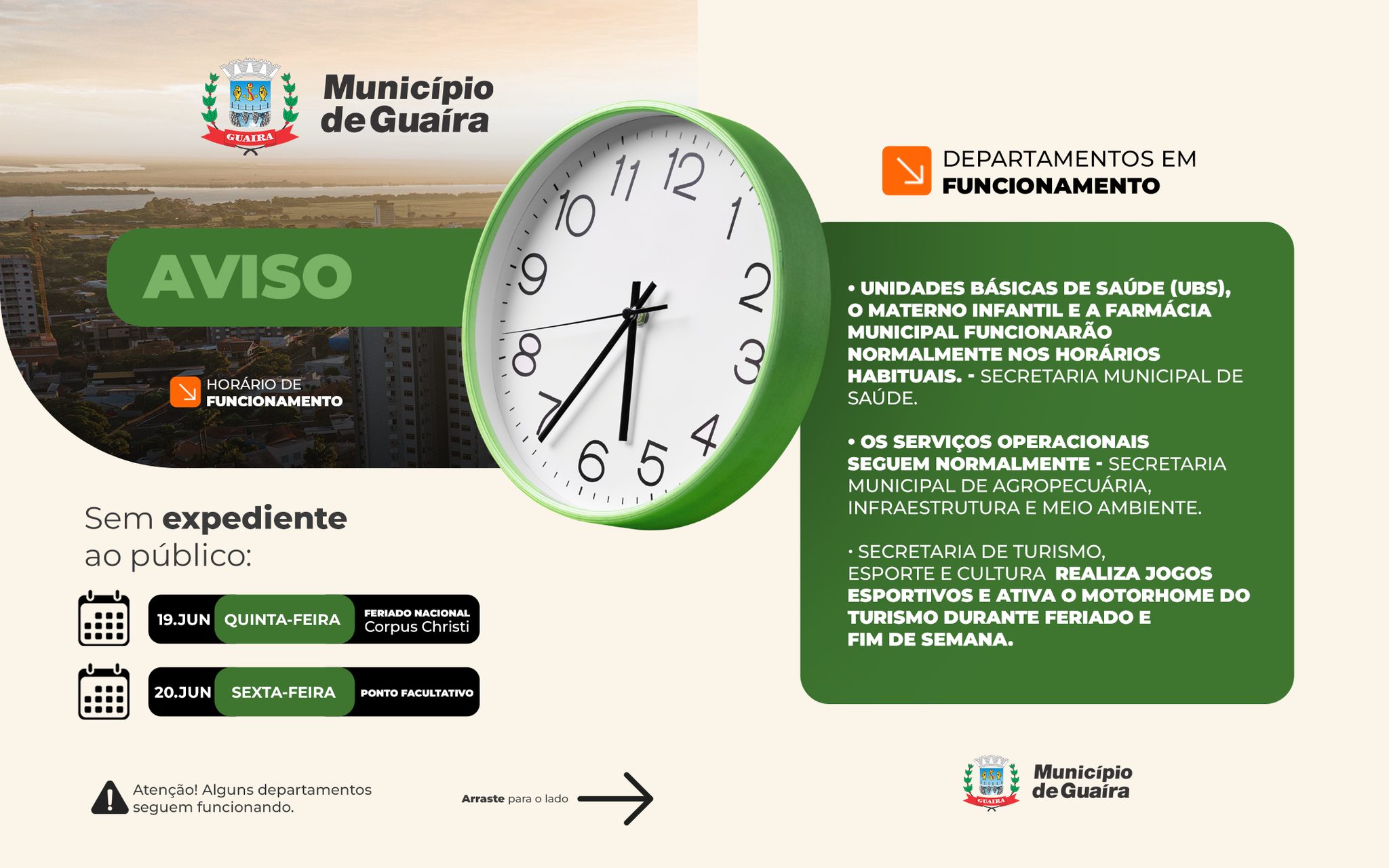 Município de Guaíra informa sobre o funcionamento das repartições públicas durante o feriado de Corpus Christi