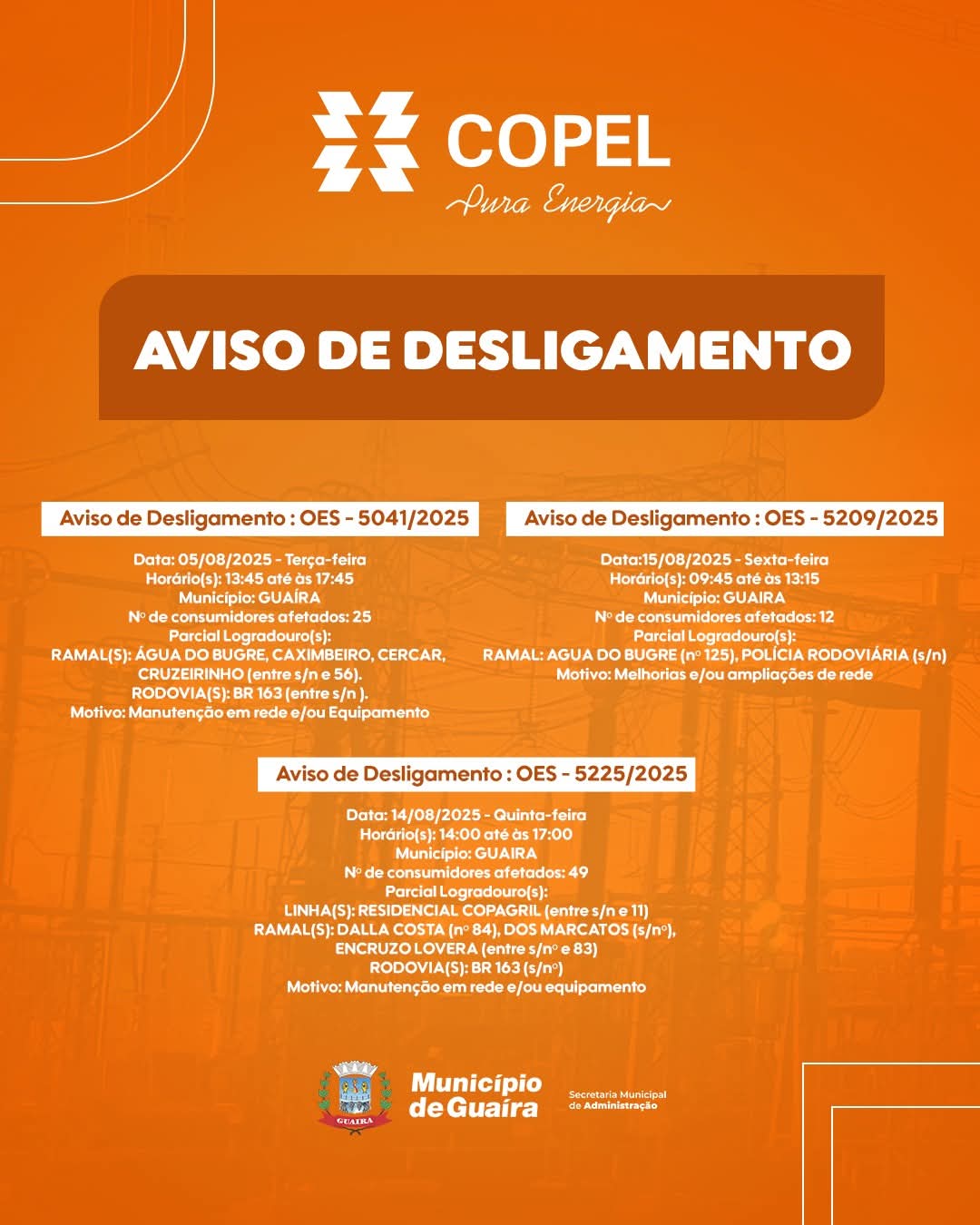 Copel realiza desligamentos programados para melhorias na rede elétrica em Guaíra