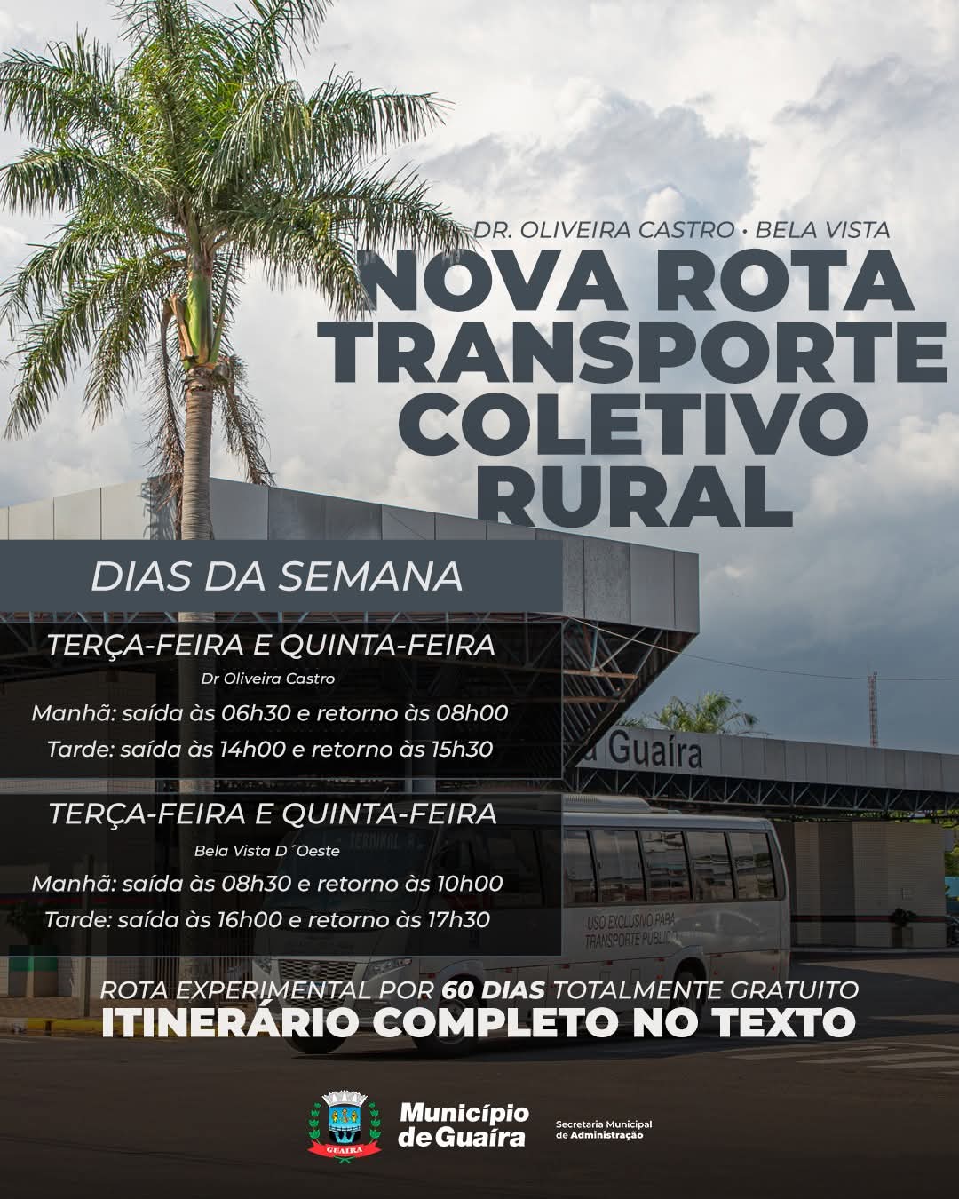 Município de Guaíra iniciará operação de rotas experimentais de transporte coletivo para comunidades rurais