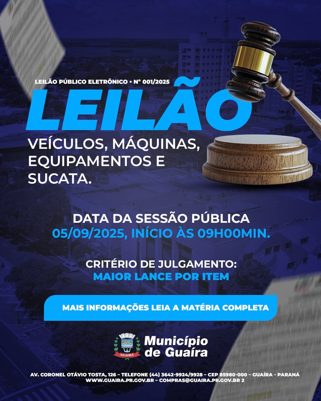 Município de Guaíra divulga leilão público eletrônico de veículos, máquinas, equipamentos e sucatas