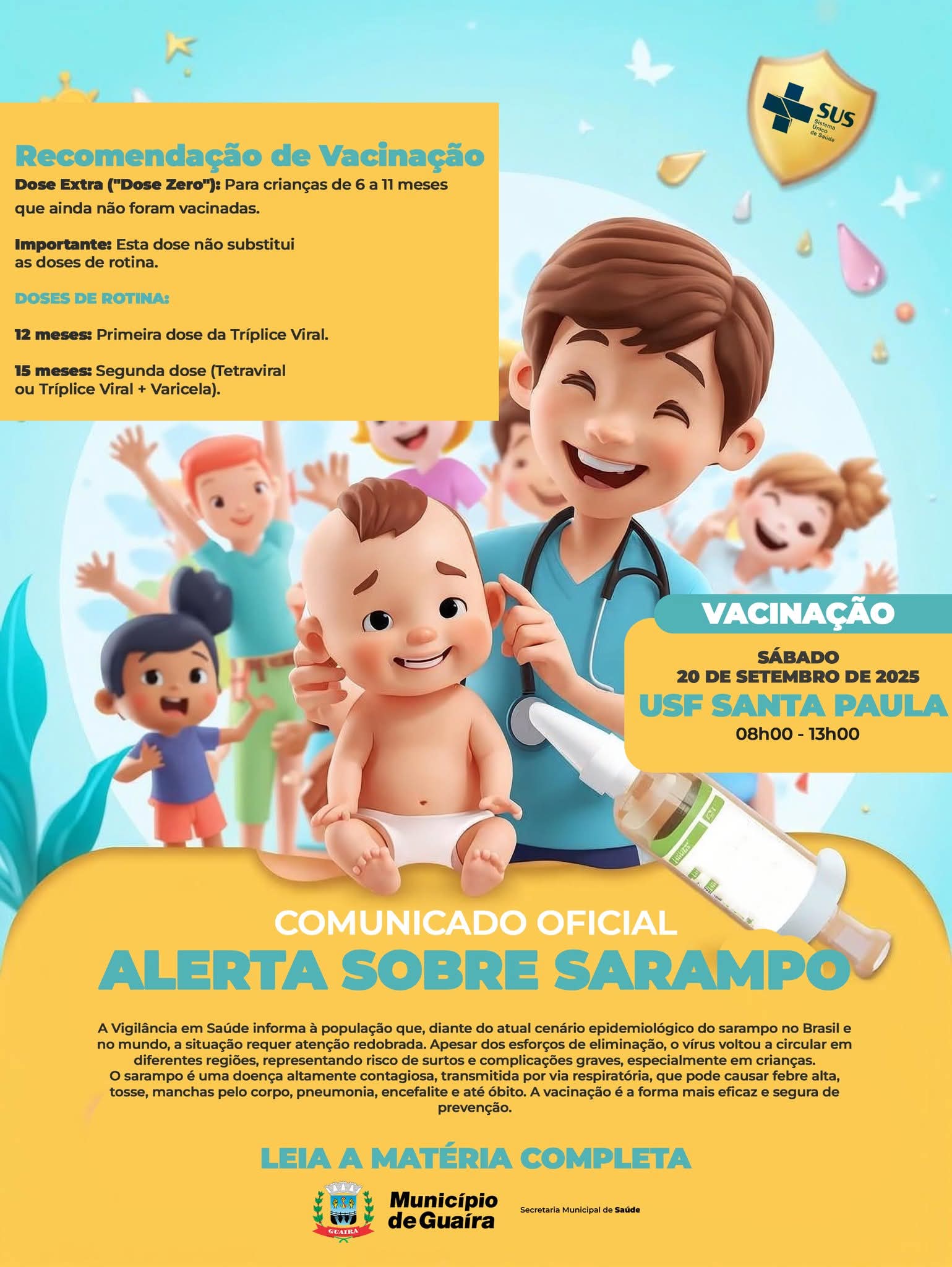 Município alerta sobre vacinação contra o sarampo e convoca pais para aplicação da dose zero