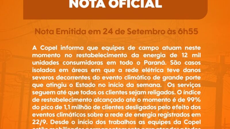 O Município de Guaíra informa: Nota Oficial da Copel