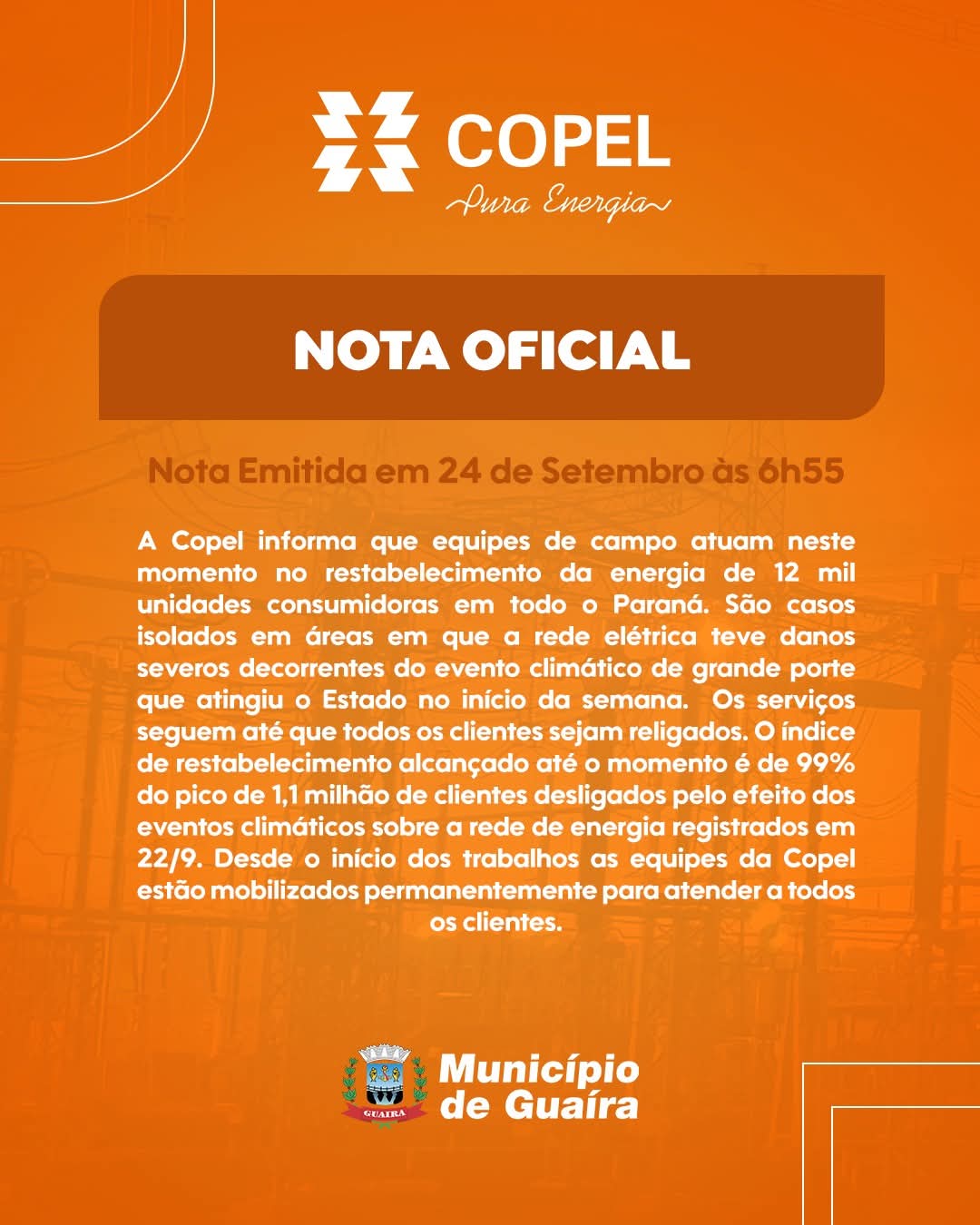 O Município de Guaíra informa: Nota Oficial da Copel