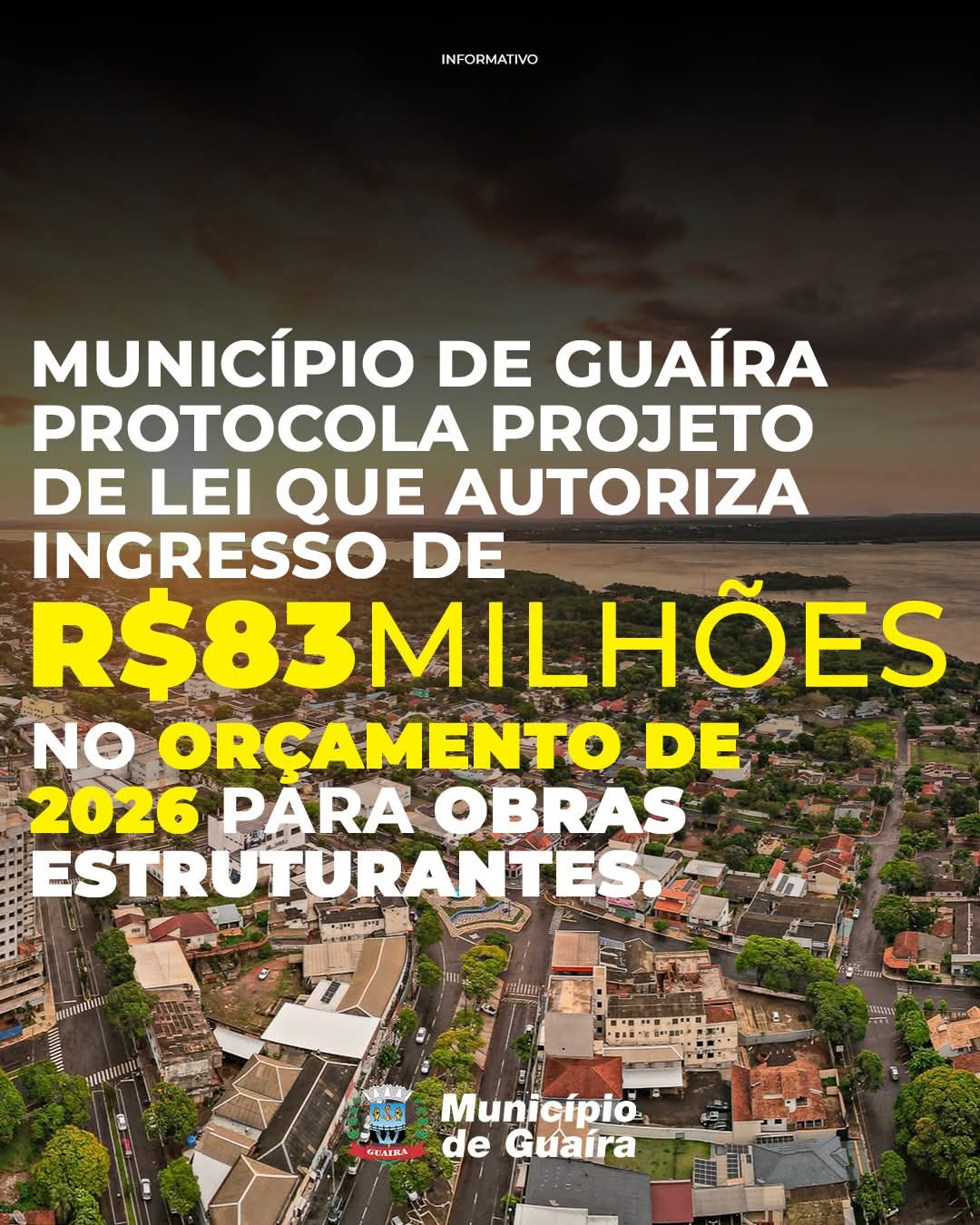 Guaíra protocola Projeto de Lei que autoriza ingresso de R$ 83 milhões no orçamento de 2026 para obras estruturantes