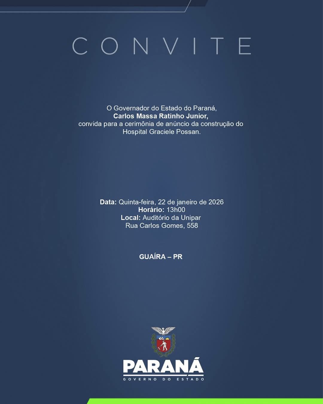 Guaíra recebe Governador do Paraná para anúncio histórico do Hospital Regional Graciele Possan