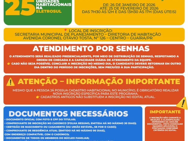 Município de Guaíra abre inscrições para 25 moradias do Programa Minha Casa, Minha Vida – FNHIS Sub 50