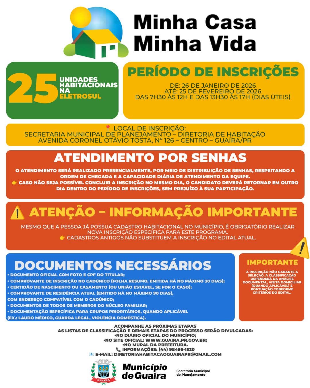 Município de Guaíra abre inscrições para 25 moradias do Programa Minha Casa, Minha Vida – FNHIS Sub 50